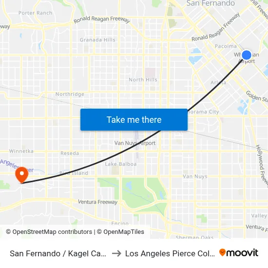 San Fernando / Kagel Canyon to Los Angeles Pierce College map