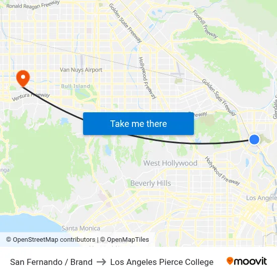 San Fernando / Brand to Los Angeles Pierce College map