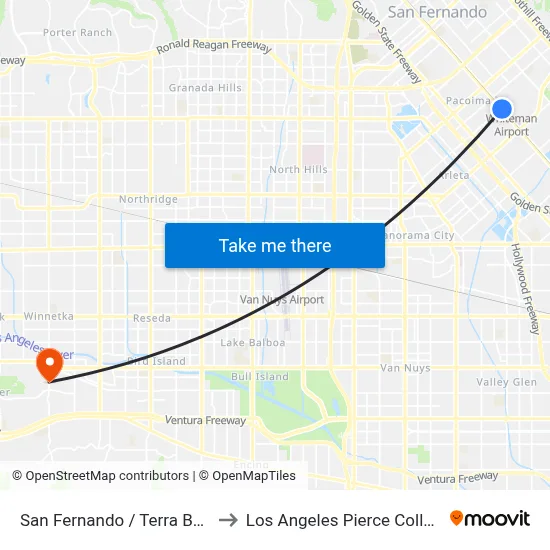 San Fernando / Terra Bella to Los Angeles Pierce College map
