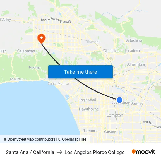 Santa Ana / California to Los Angeles Pierce College map