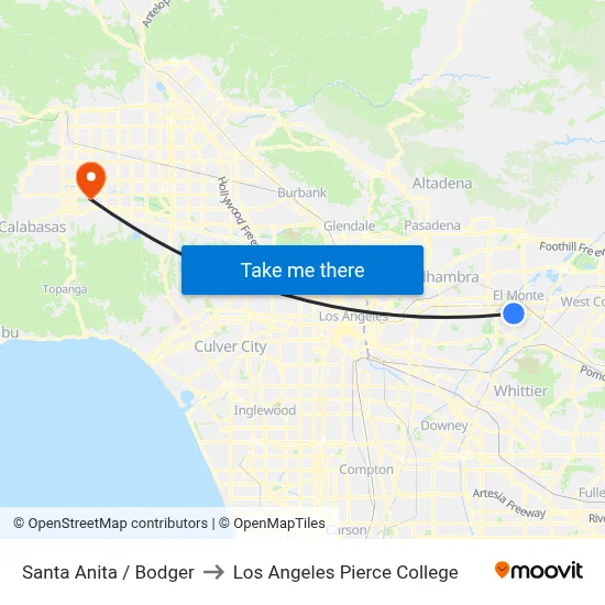 Santa Anita / Bodger to Los Angeles Pierce College map