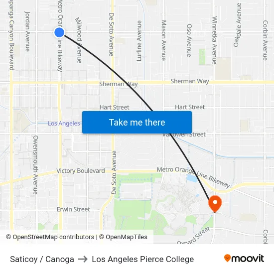Saticoy / Canoga to Los Angeles Pierce College map