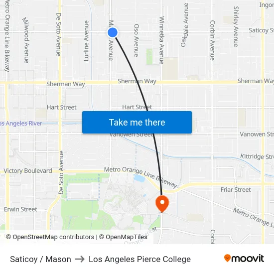 Saticoy / Mason to Los Angeles Pierce College map