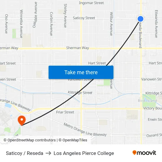 Saticoy / Reseda to Los Angeles Pierce College map