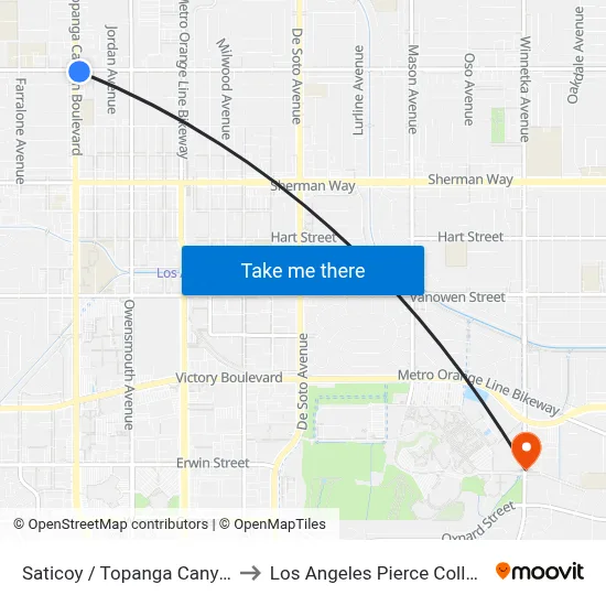 Saticoy / Topanga Canyon to Los Angeles Pierce College map