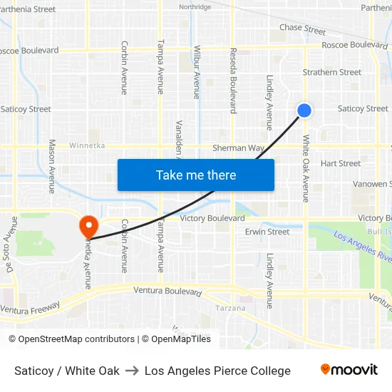 Saticoy / White Oak to Los Angeles Pierce College map