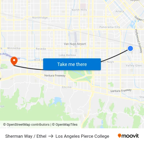 Sherman Way / Ethel to Los Angeles Pierce College map