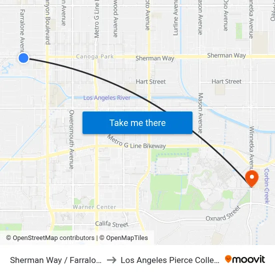 Sherman Way / Farralone to Los Angeles Pierce College map