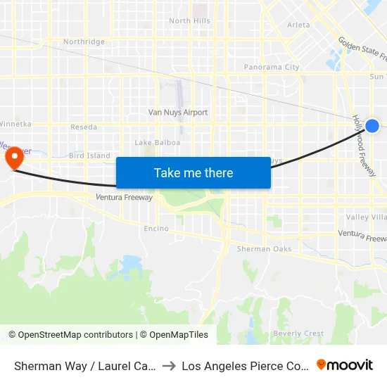 Sherman Way / Laurel Canyon to Los Angeles Pierce College map
