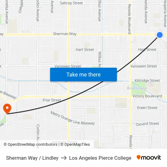 Sherman Way / Lindley to Los Angeles Pierce College map