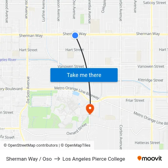 Sherman Way / Oso to Los Angeles Pierce College map
