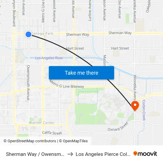 Sherman Way / Owensmouth to Los Angeles Pierce College map