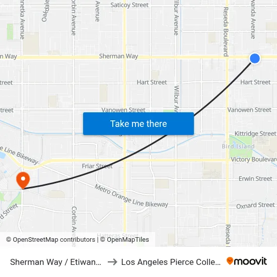 Sherman Way / Etiwanda to Los Angeles Pierce College map