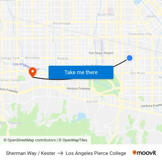 Sherman Way / Kester to Los Angeles Pierce College map