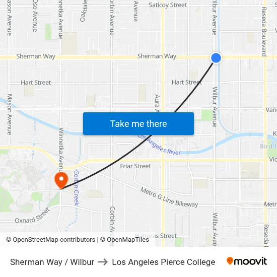 Sherman Way / Wilbur to Los Angeles Pierce College map