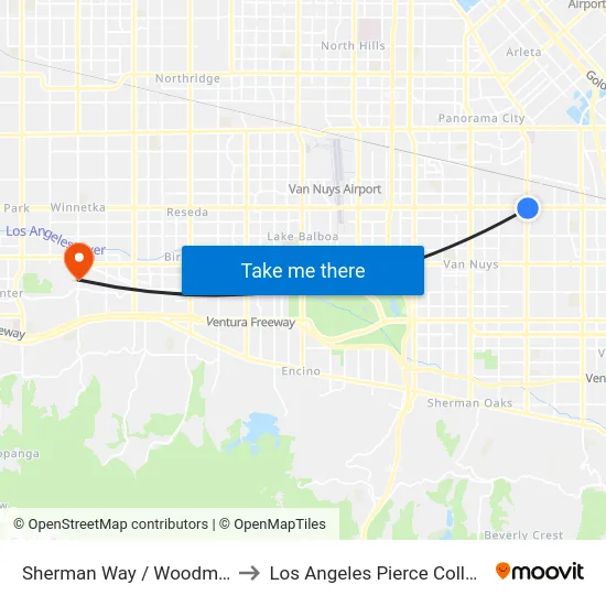 Sherman Way / Woodman to Los Angeles Pierce College map