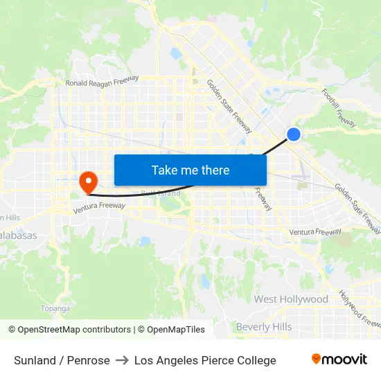 Sunland / Penrose to Los Angeles Pierce College map
