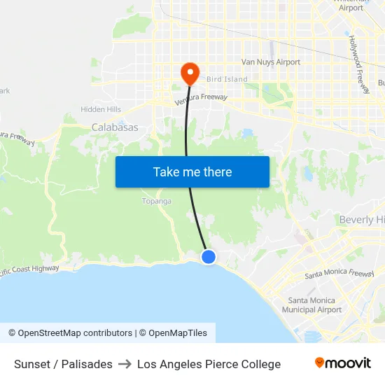 Sunset / Palisades to Los Angeles Pierce College map