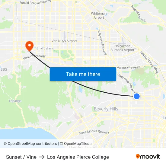 Sunset / Vine to Los Angeles Pierce College map