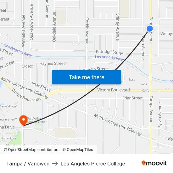 Tampa / Vanowen to Los Angeles Pierce College map