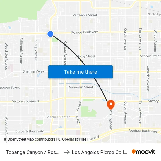 Topanga Canyon / Roscoe to Los Angeles Pierce College map