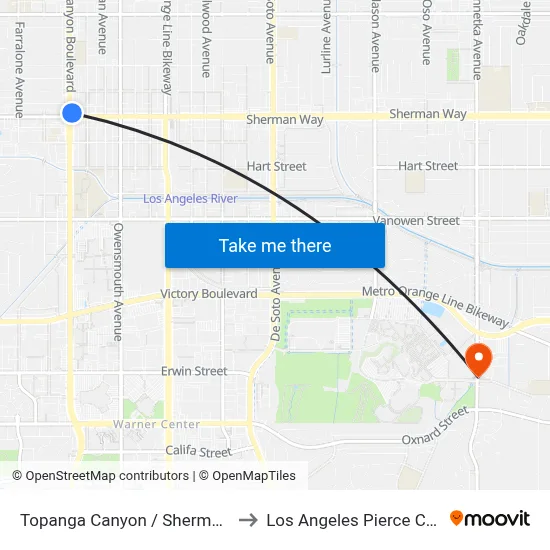 Topanga Canyon / Sherman Way to Los Angeles Pierce College map