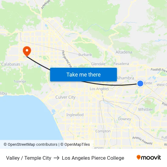 Valley / Temple City to Los Angeles Pierce College map