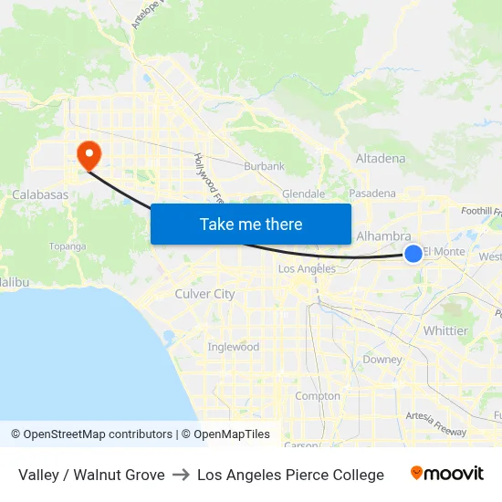 Valley / Walnut Grove to Los Angeles Pierce College map