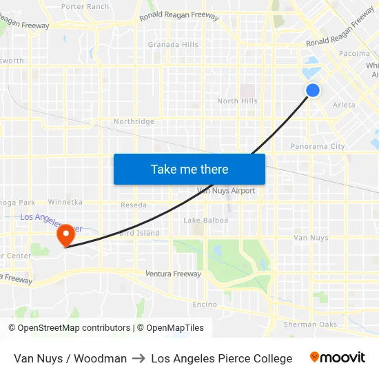 Van Nuys / Woodman to Los Angeles Pierce College map