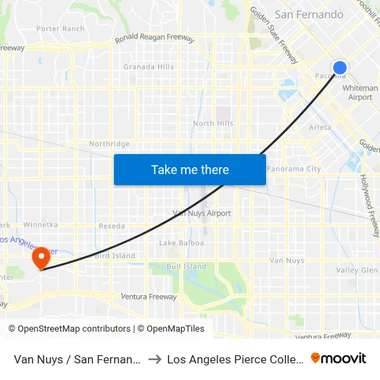 Van Nuys / San Fernando to Los Angeles Pierce College map