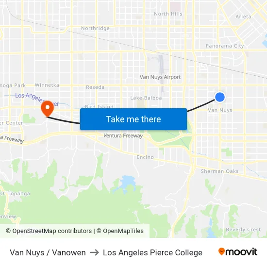 Van Nuys / Vanowen to Los Angeles Pierce College map