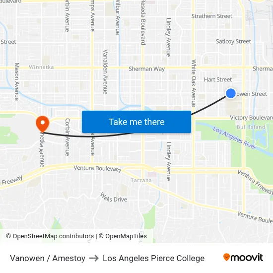 Vanowen / Amestoy to Los Angeles Pierce College map