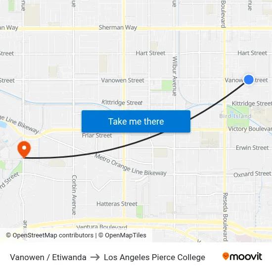 Vanowen / Etiwanda to Los Angeles Pierce College map