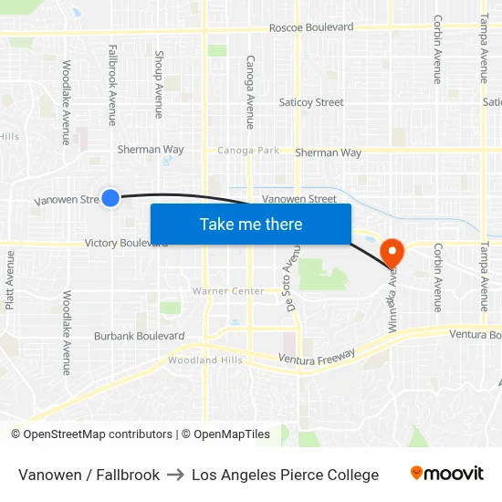 Vanowen / Fallbrook to Los Angeles Pierce College map