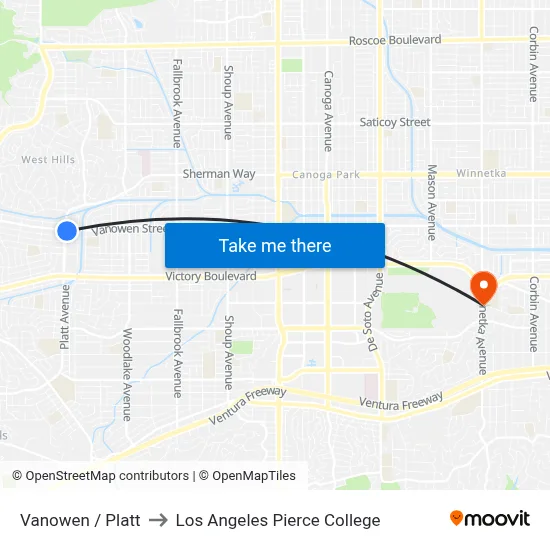 Vanowen / Platt to Los Angeles Pierce College map