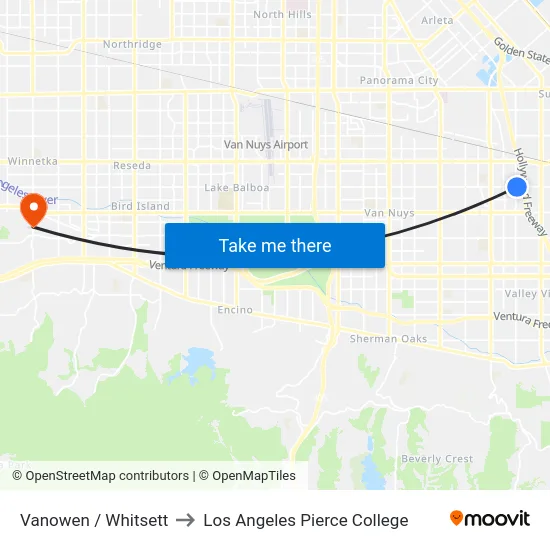 Vanowen / Whitsett to Los Angeles Pierce College map