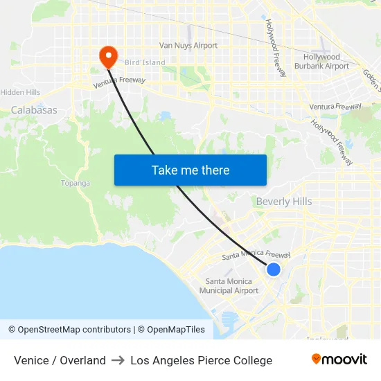 Venice / Overland to Los Angeles Pierce College map