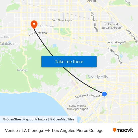 Venice / LA Cienega to Los Angeles Pierce College map