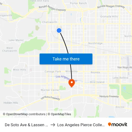De Soto Ave & Lassen St to Los Angeles Pierce College map