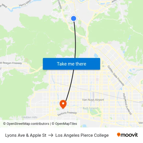 Lyons Ave & Apple St to Los Angeles Pierce College map
