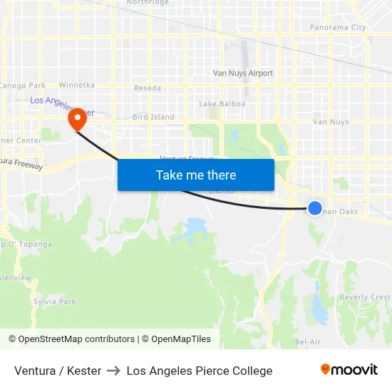 Ventura / Kester to Los Angeles Pierce College map