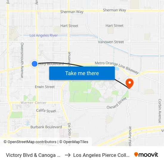 Victory Blvd & Canoga Ave to Los Angeles Pierce College map