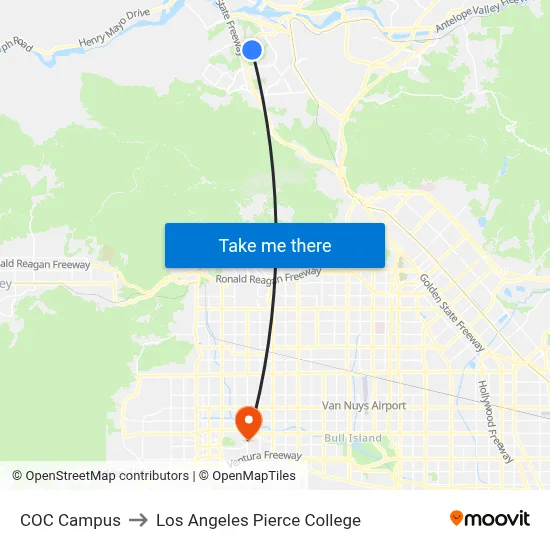 COC Campus to Los Angeles Pierce College map