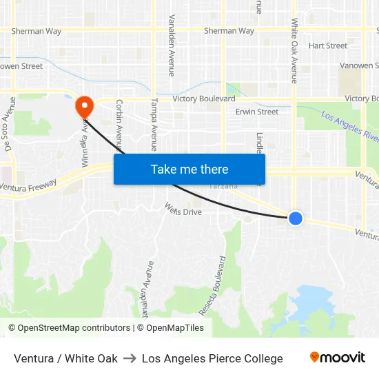Ventura / White Oak to Los Angeles Pierce College map