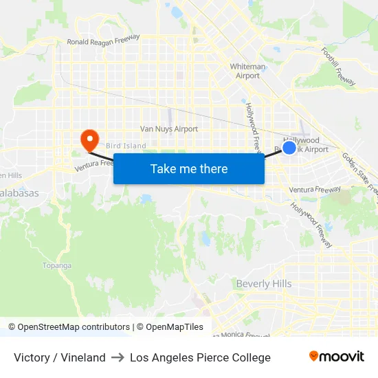 Victory / Vineland to Los Angeles Pierce College map