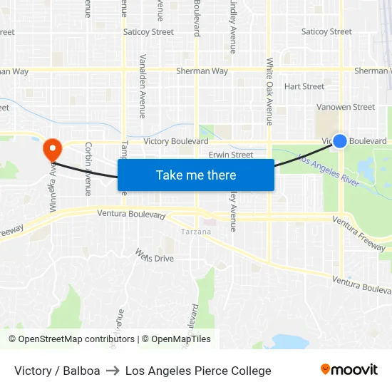 Victory / Balboa to Los Angeles Pierce College map