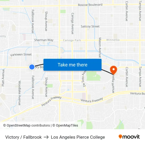 Victory / Fallbrook to Los Angeles Pierce College map