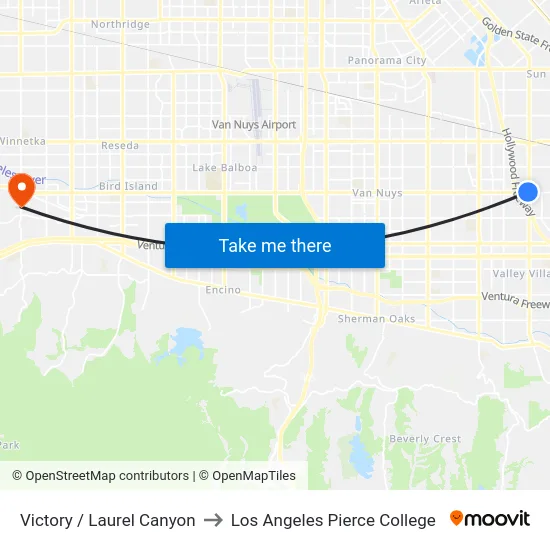 Victory / Laurel Canyon to Los Angeles Pierce College map