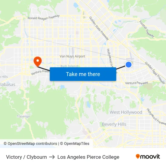 Victory / Clybourn to Los Angeles Pierce College map
