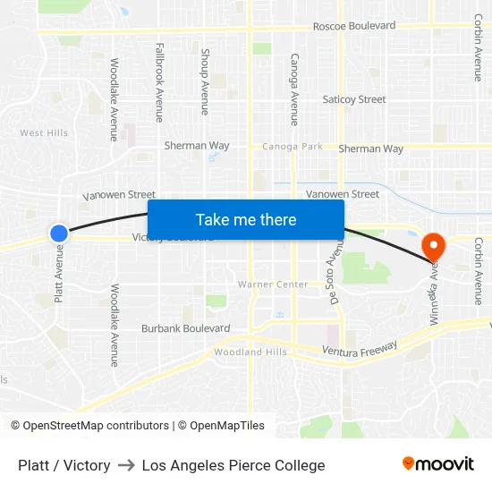 Platt / Victory to Los Angeles Pierce College map